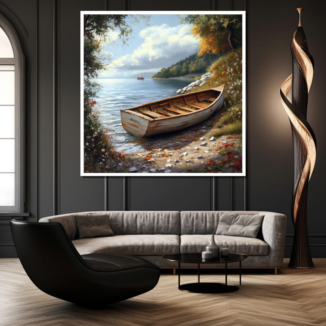 Weathered Wooden Rowboat Resting On A Tranquil Lakeside Shore Poster - Image 3