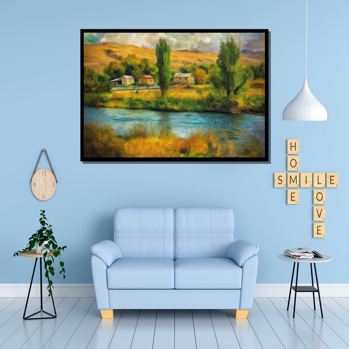Charming Countryside River Landscape Painting Beautiful Wall Art Gift For White Room And Rustic Nature Decor - Image 4