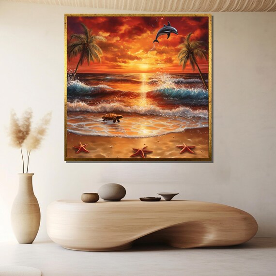 Sunset Beach Dolphin Turtle and Starfish Tropical Scene Poster