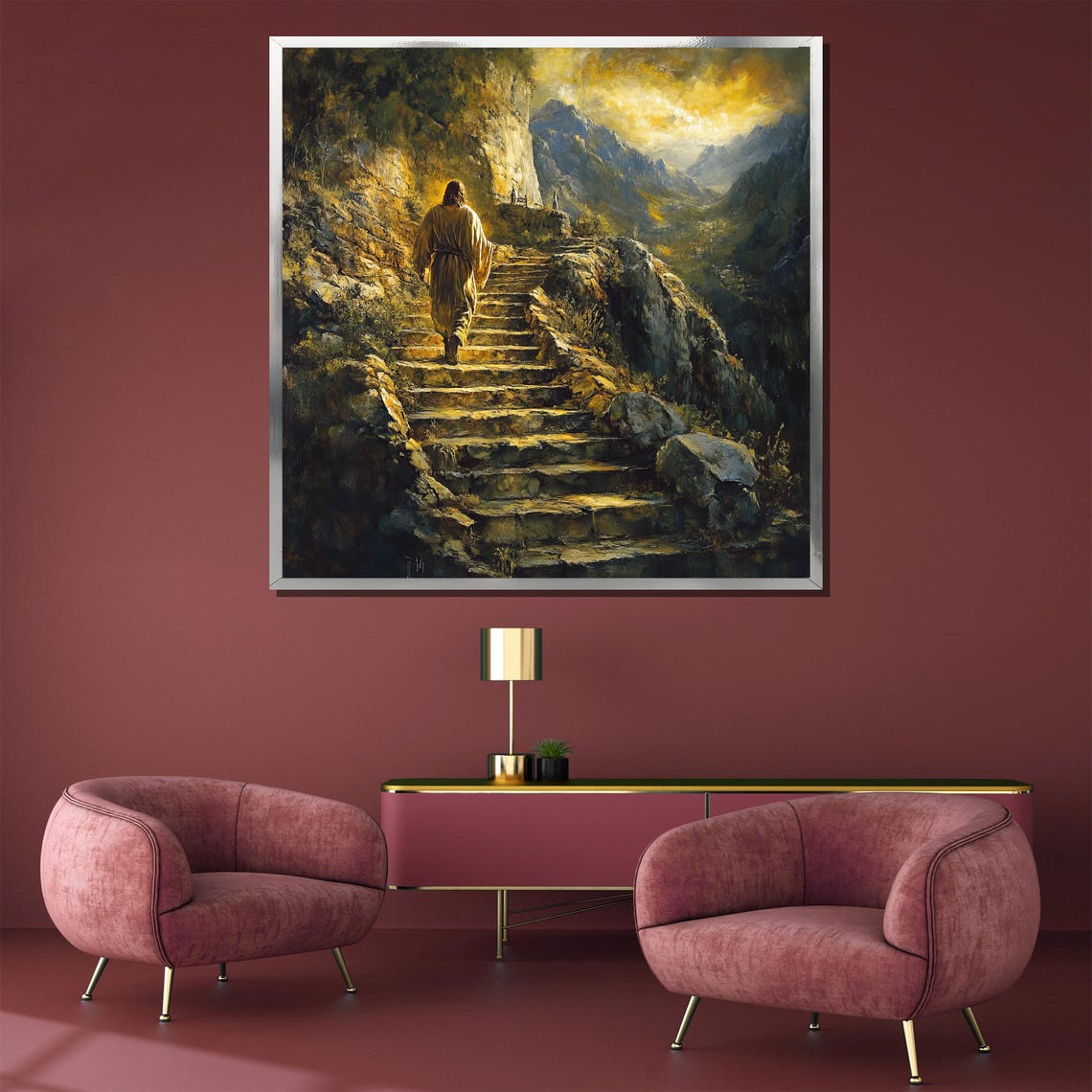 Jesus Walking Up Mountain Stairs Golden Biblical Landscape Poster - Image 5