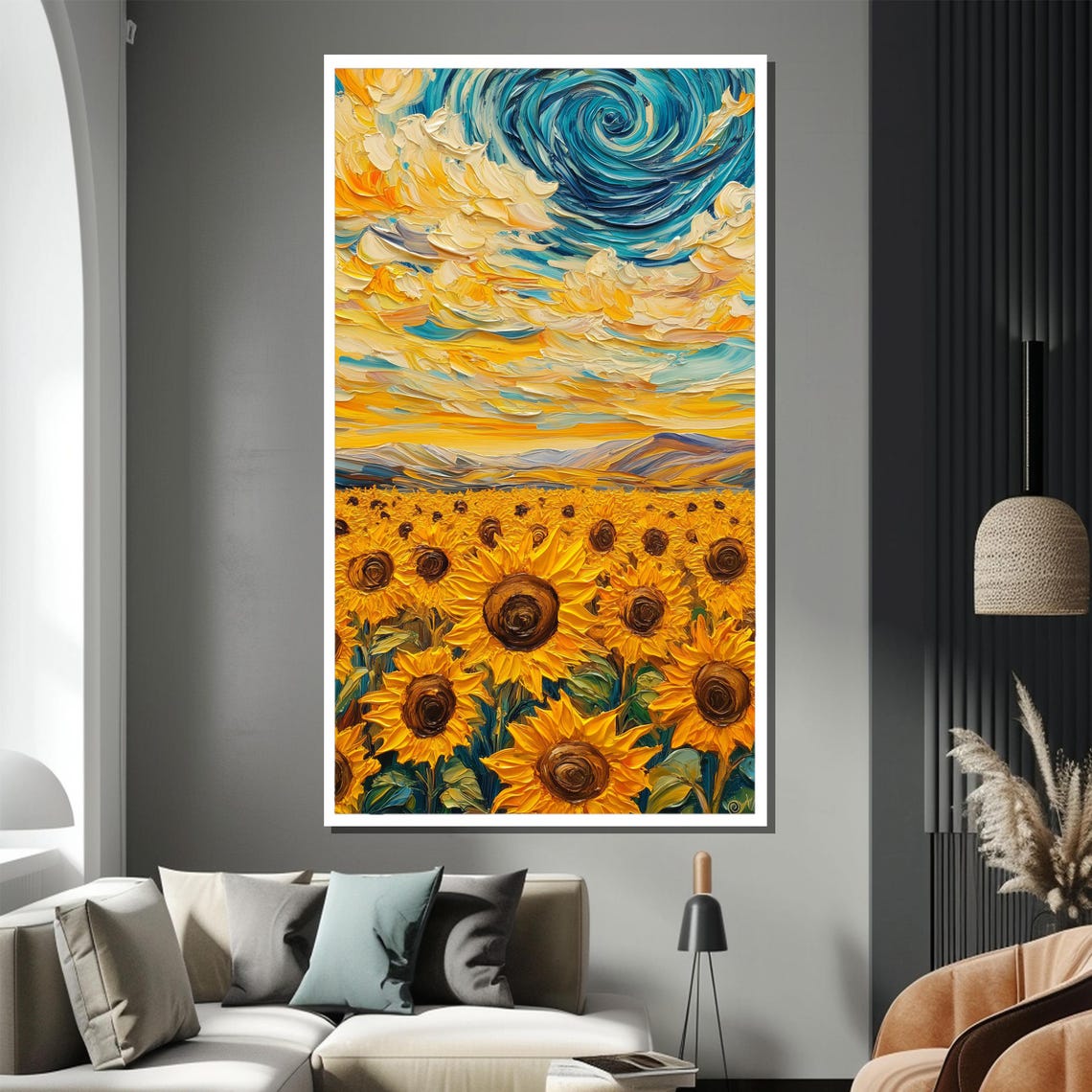 Sunflower Field Under Swirling Starry Sky Impasto Floral Wall Poster - Image 3