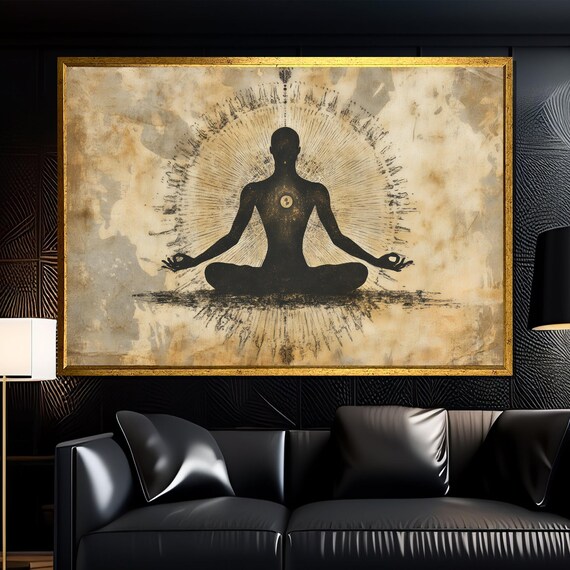 Meditating Silhouette Vintage Parchment Yin Yang Spiritual Wall Poster