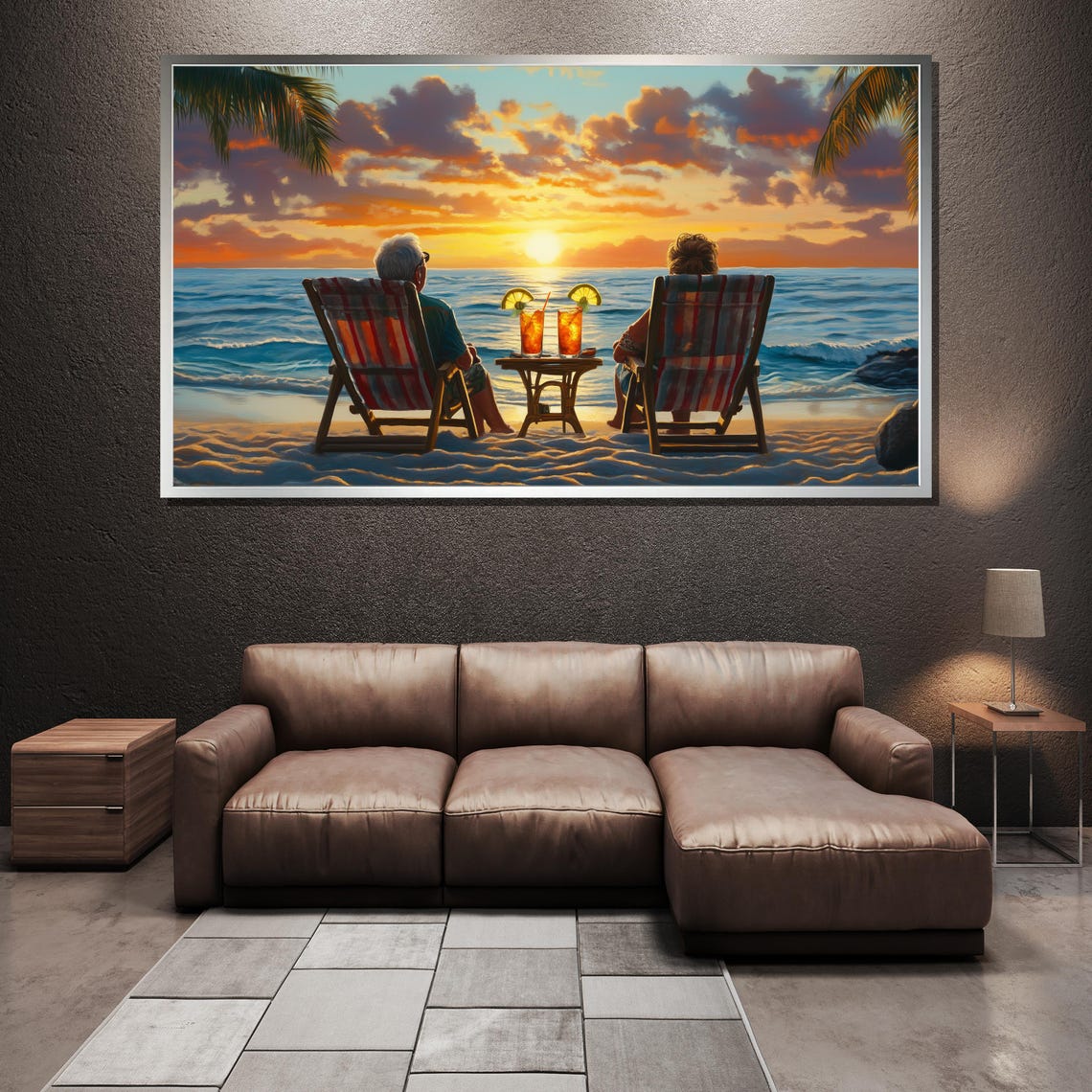 Romantic Couple Watching Beach Sunset Ocean Chairs Art Poster - Image 3