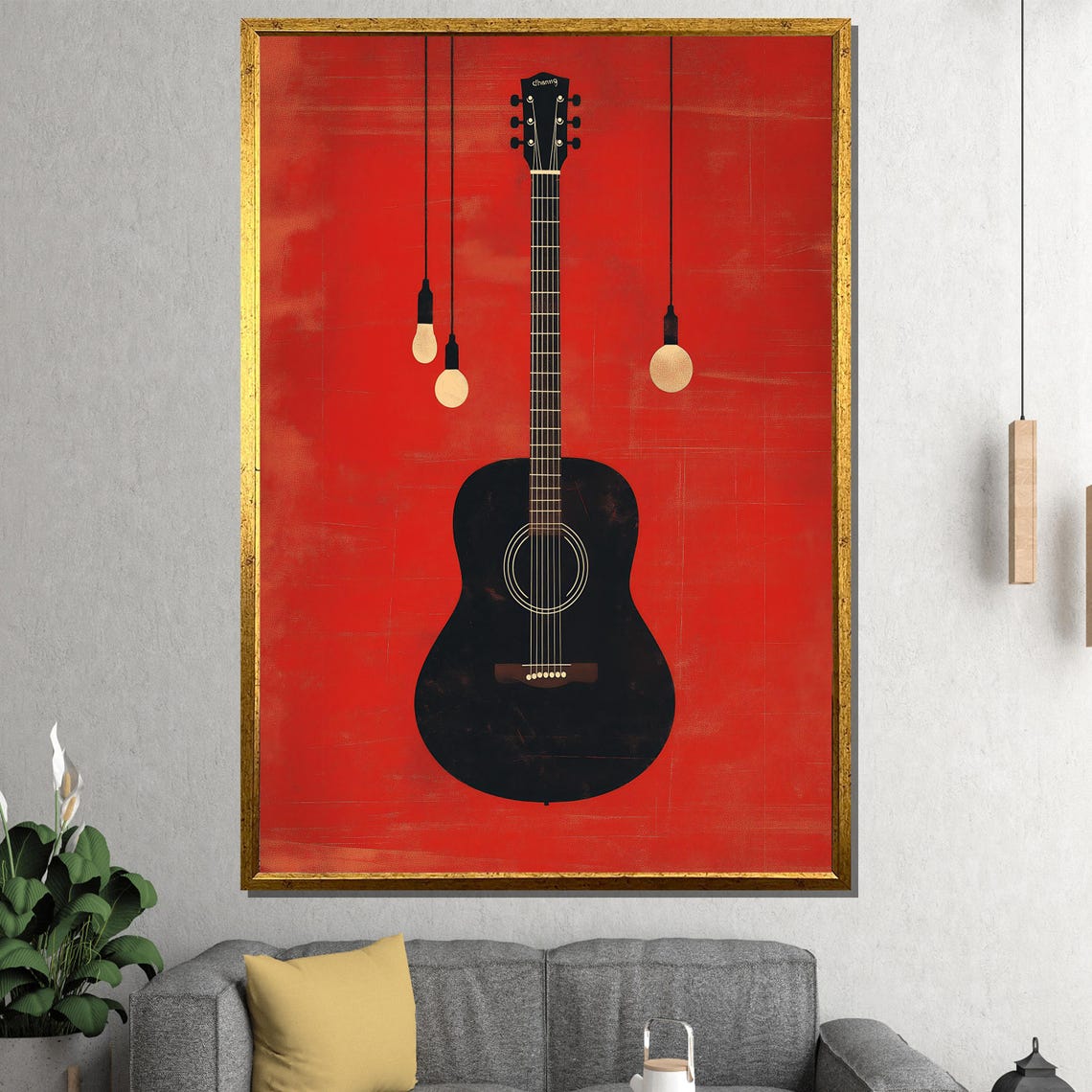 Black Acoustic Guitar on a Bold Red Background Minimal Poster