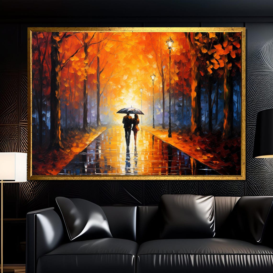 Romantic Couple Sharing Umbrella Autumn Rain Glowing Path Poster
