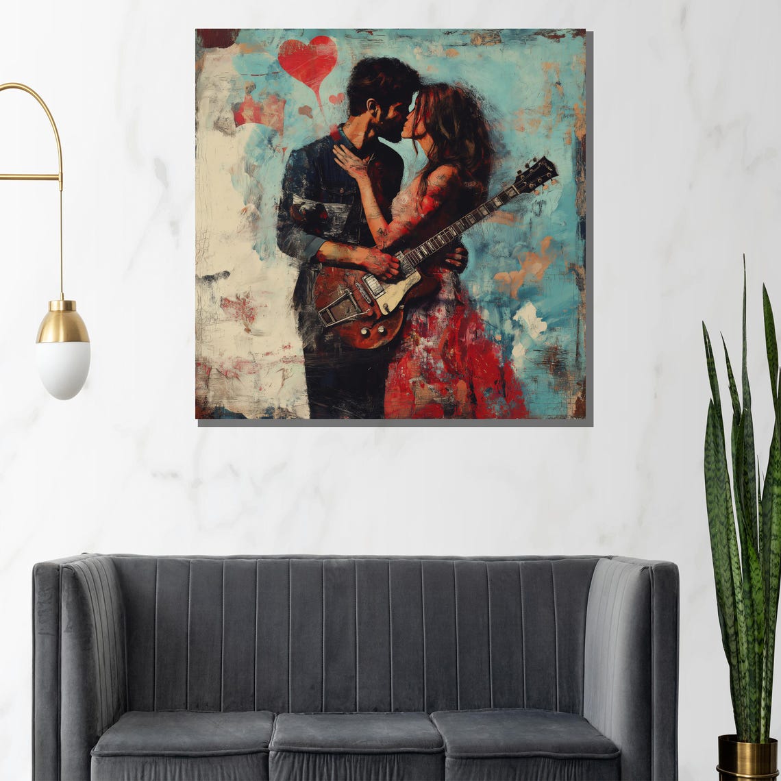 Romantic Music Lovers Sharing Guitar Kiss Abstract Art Poster - Image 2