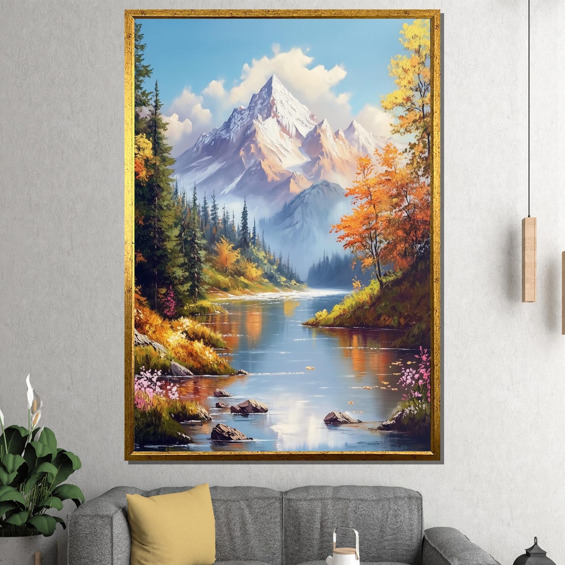 Mountain Landscape Painting Vibrant Nature Wall Art River And Forest Scene Gift For Home Decor