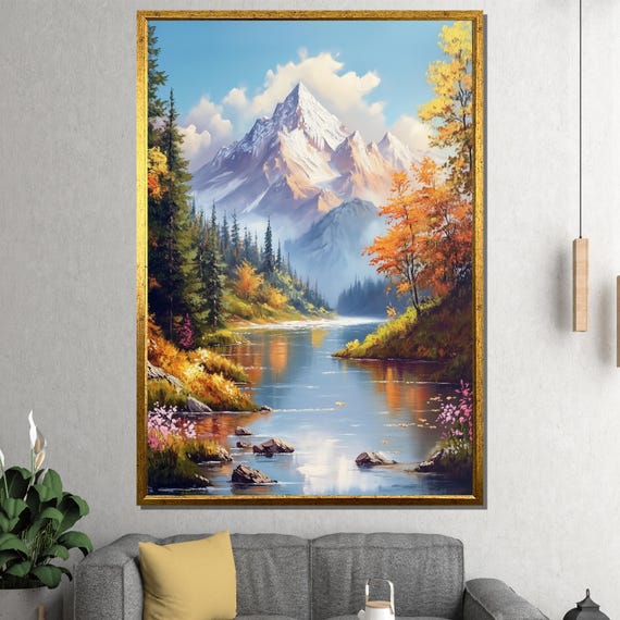 Mountain Landscape Painting Vibrant Nature Wall Art River And Forest Scene Gift For Home Decor