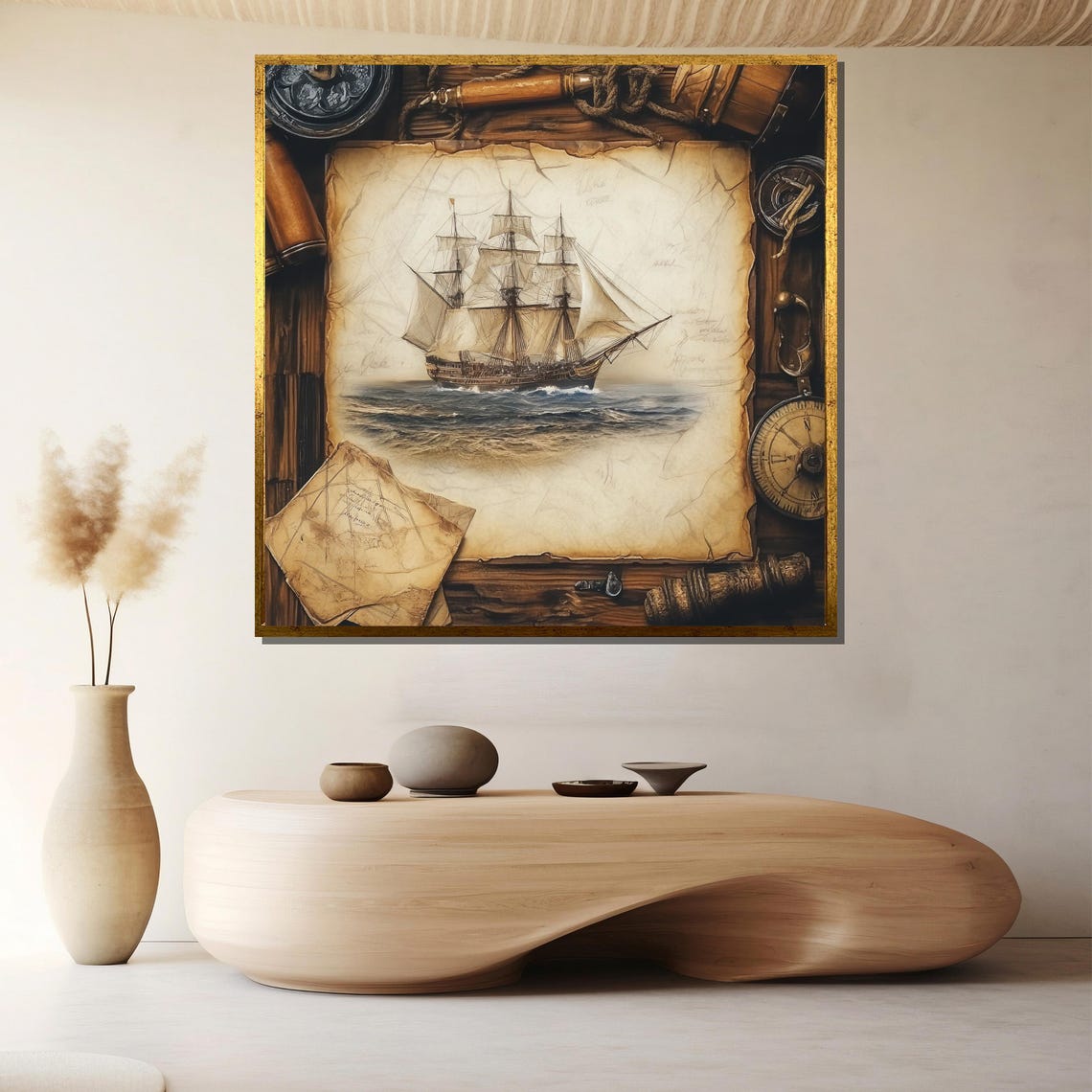 Vintage Tall Ship Parchment Map Telescope Compass Nautical Poster