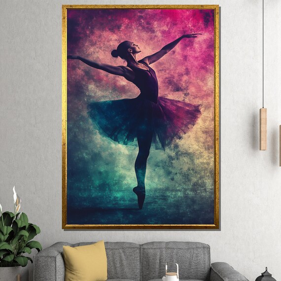 Colorful Ballerina Silhouette Dancing in Pink and Teal Grunge Poster