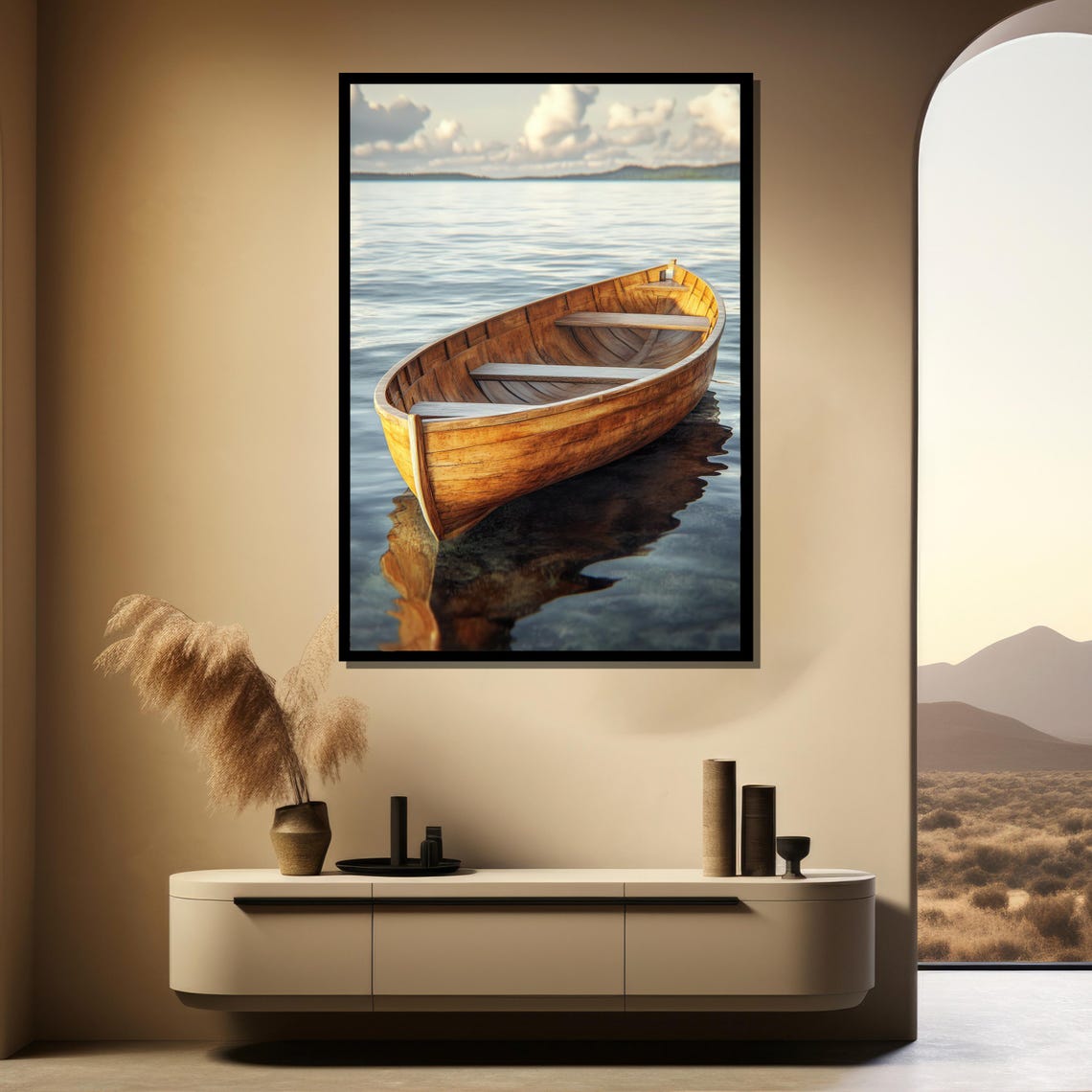 Rustic Rowboat Wall Art Large Framed Print Serene Lake Artwork Coastal Decor Nautical Gift Idea Tranquil Home Accent - Image 4