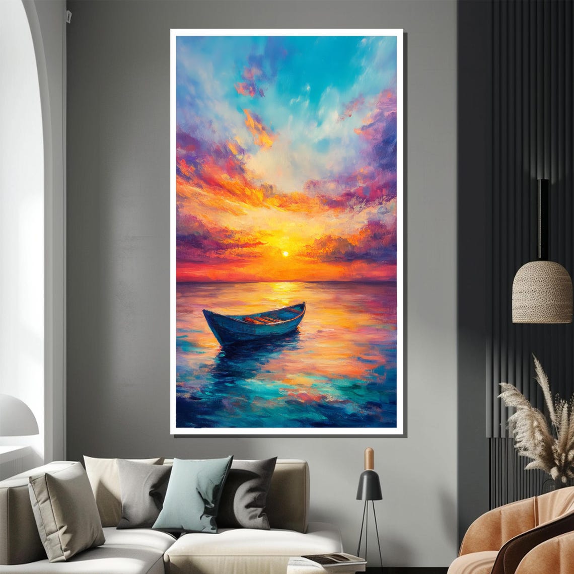 Colorful Vibrant Sunset Rowboat on Calm Ocean Seascape Poster - Image 3