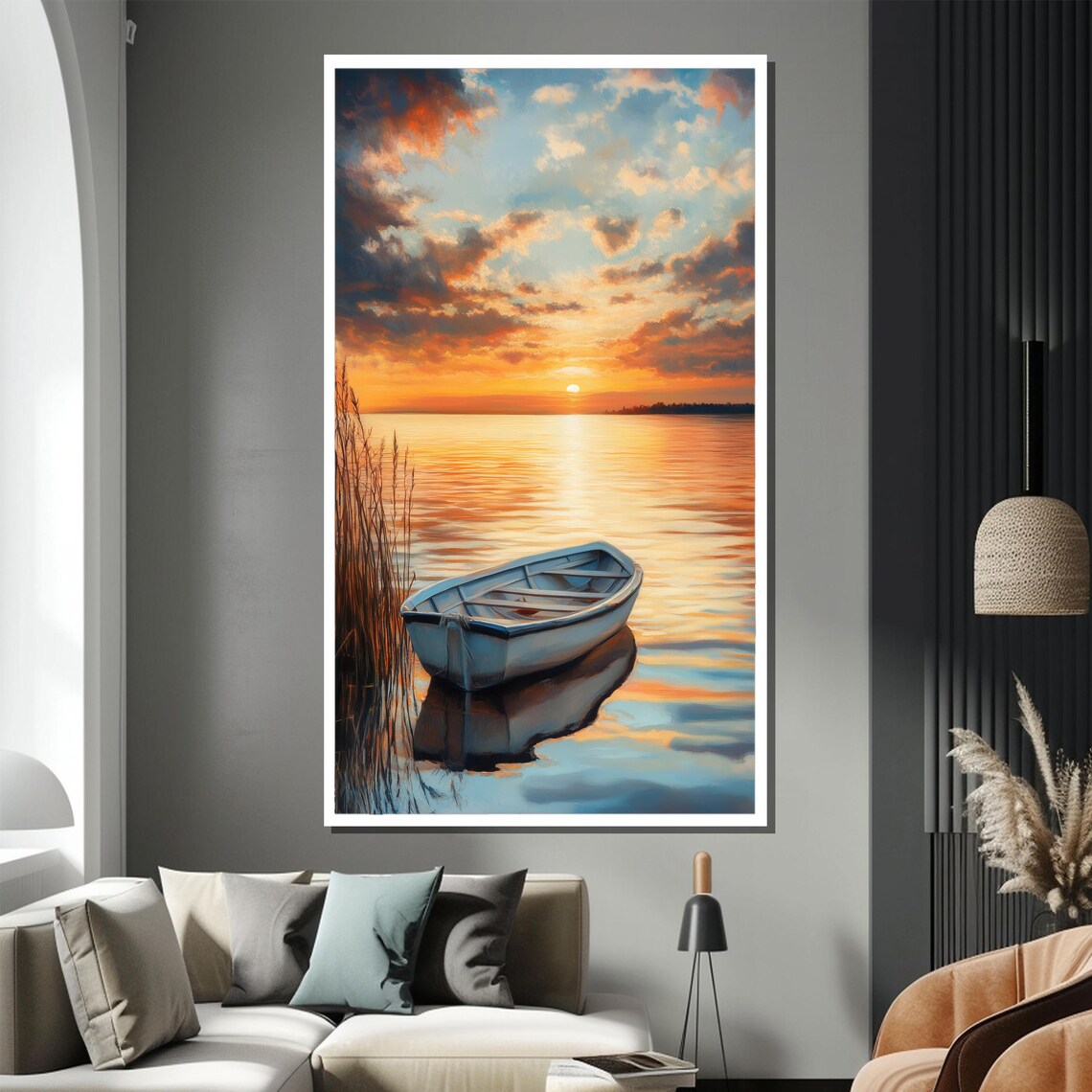 White Rowboat On Calm Lake At Sunset Peaceful Water Art Poster - Image 2