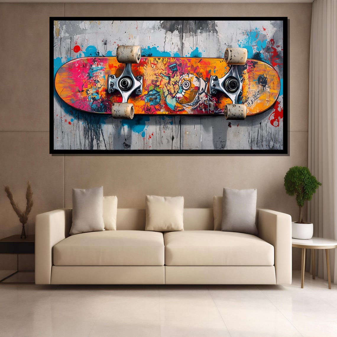 Graffiti Painted Skateboard Floating Against A Concrete Wall Poster - Image 4