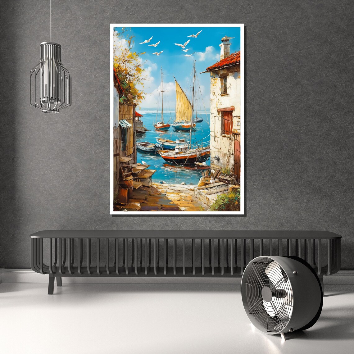 Mediterranean Fishing Harbor Boats Seagulls Coastal Art Poster - Image 2