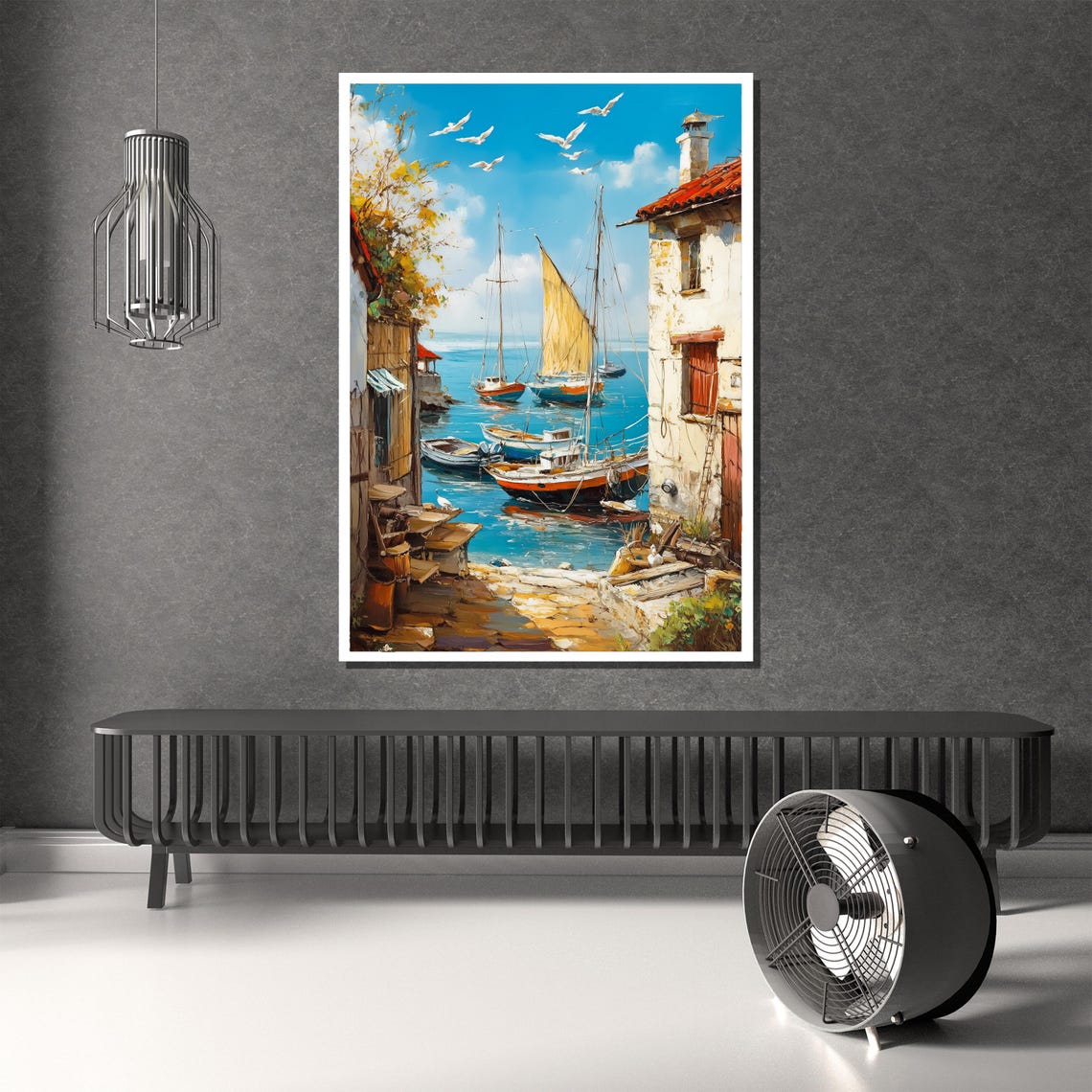 Mediterranean Harbor Wall Art Framed Coastal Print Boats And Seaside Artwork Large Nautical Dcor For Home Or Office - Image 2