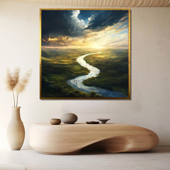 Golden Horizon River Landscape Painting Stunning Wall Art Gift For Living Room Or Elegant White Interior Spaces
