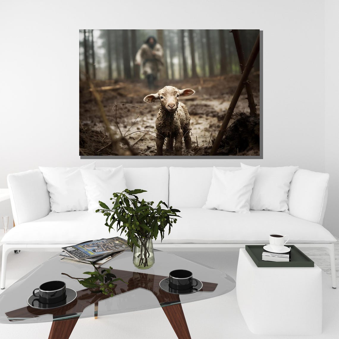 Muddy Lamb in Forest Path Shepherd Behind Christian Art Poster - Image 3
