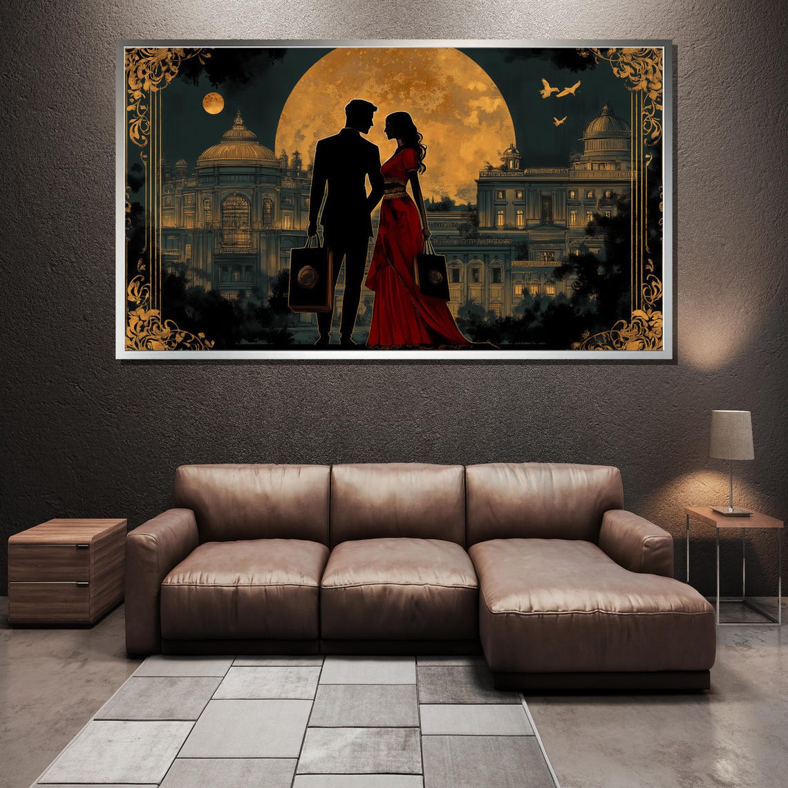 Moonlit Palace Courtyard Couple Silhouette Romance Painting Poster - Image 5