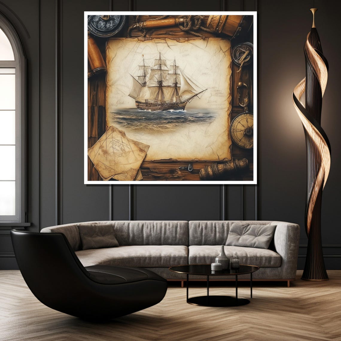 Vintage Tall Ship Parchment Map Telescope Compass Nautical Poster - Image 2