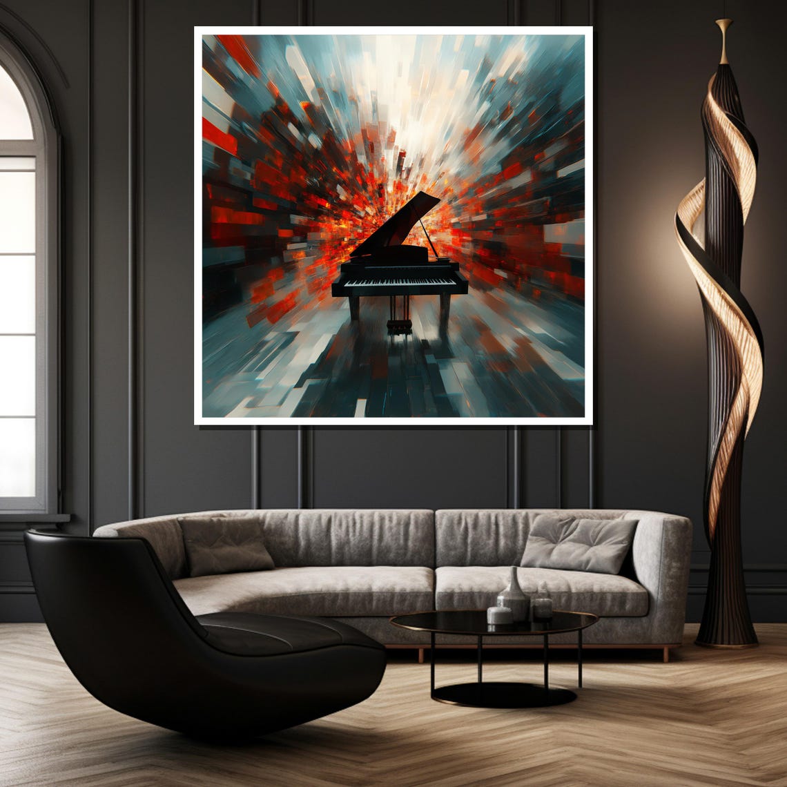 Grand Piano in a Vibrant Abstract Red and Blue Color Burst Poster - Image 2