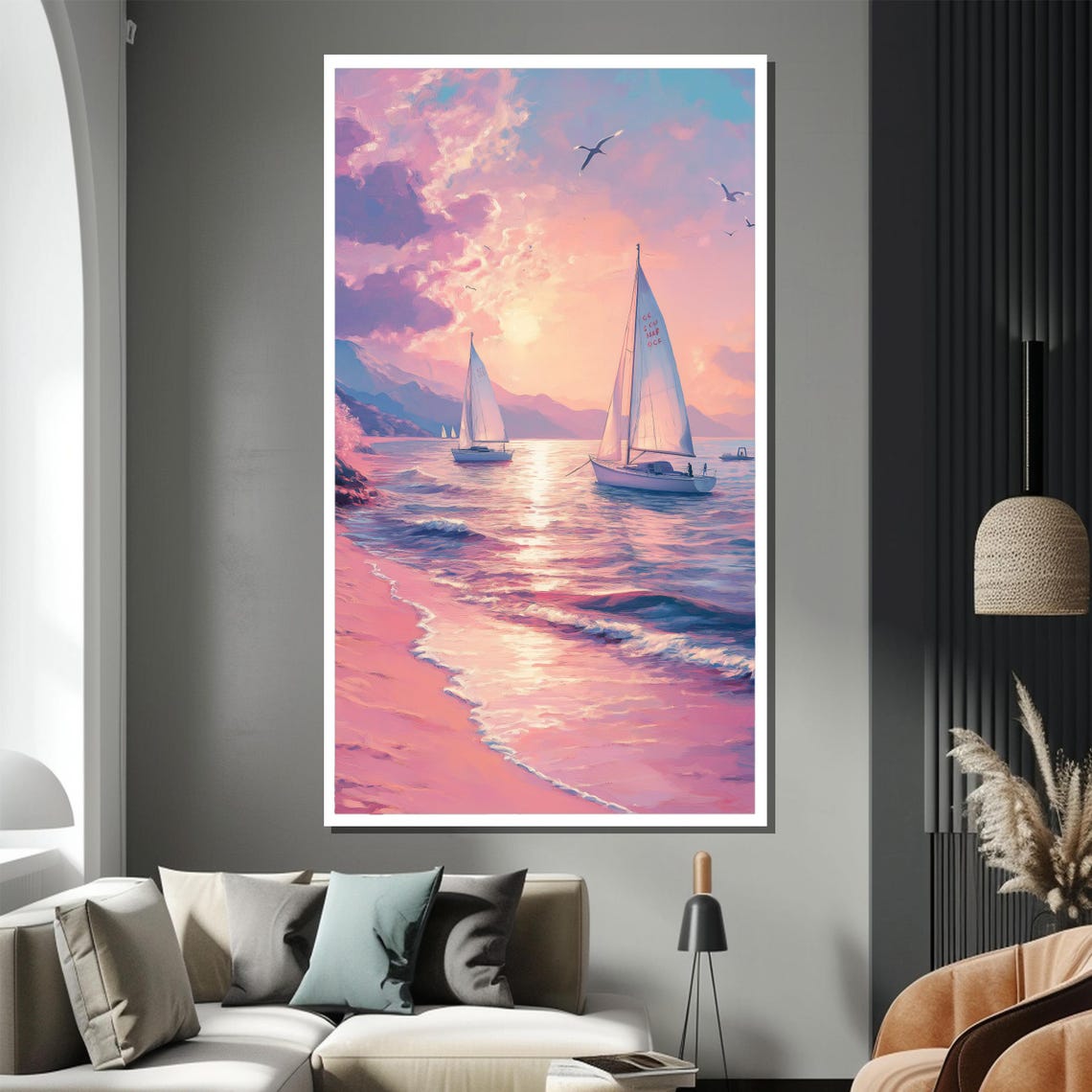 Pink Sunset Sailboats Gentle Shore Waves Scene Romantic Poster - Image 2