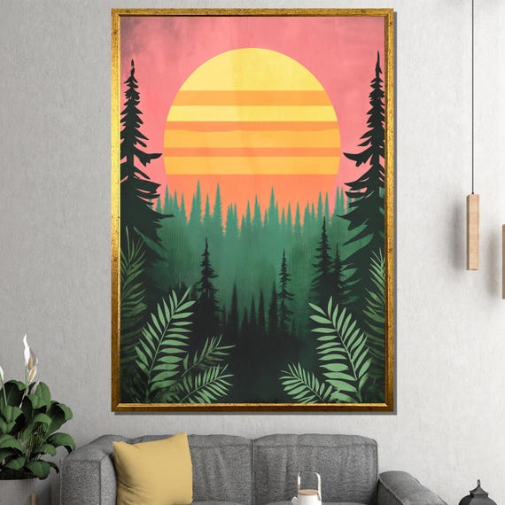 Sunset Forest Silhouette Painting Vibrant Wall Art Gift For Living Room Or Contemporary White Themed Interiors