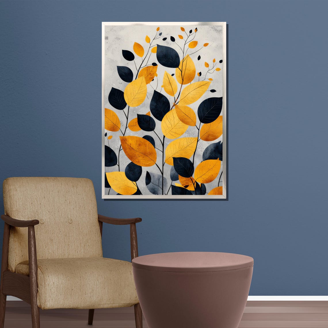 Golden Yellow And Navy Blue Leaf Branches Modern Botanical Poster - Image 3