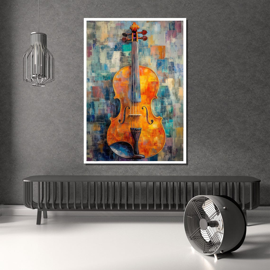 Radiant Amber Violin on a Bold Colorful Mosaic Background Poster - Image 2