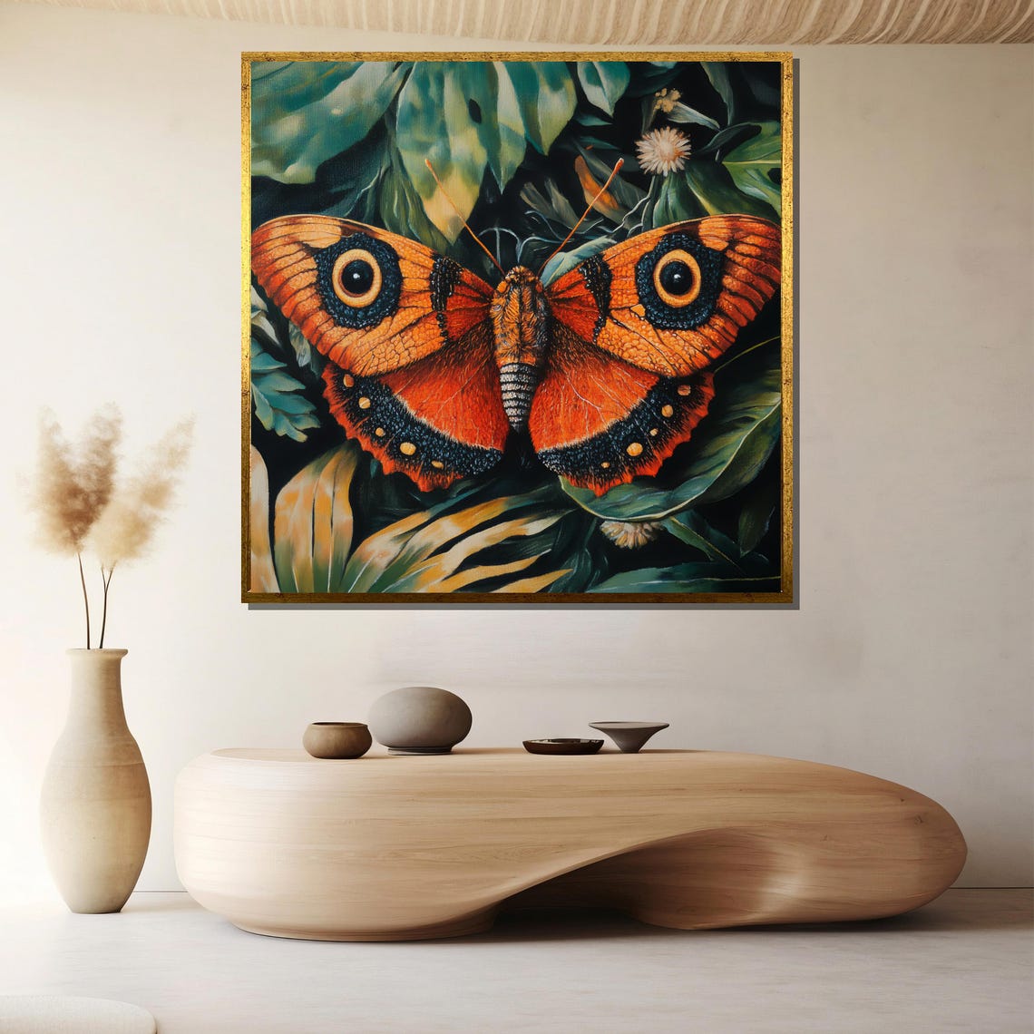 Orange Butterfly with Bold Eyespots Among Green Leaves Poster