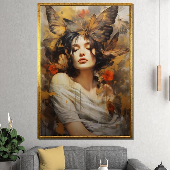 Butterfly Dream Painting Ethereal Woman Portrait With Golden Wings And Floral Accents For Elegant Wall Art Gift