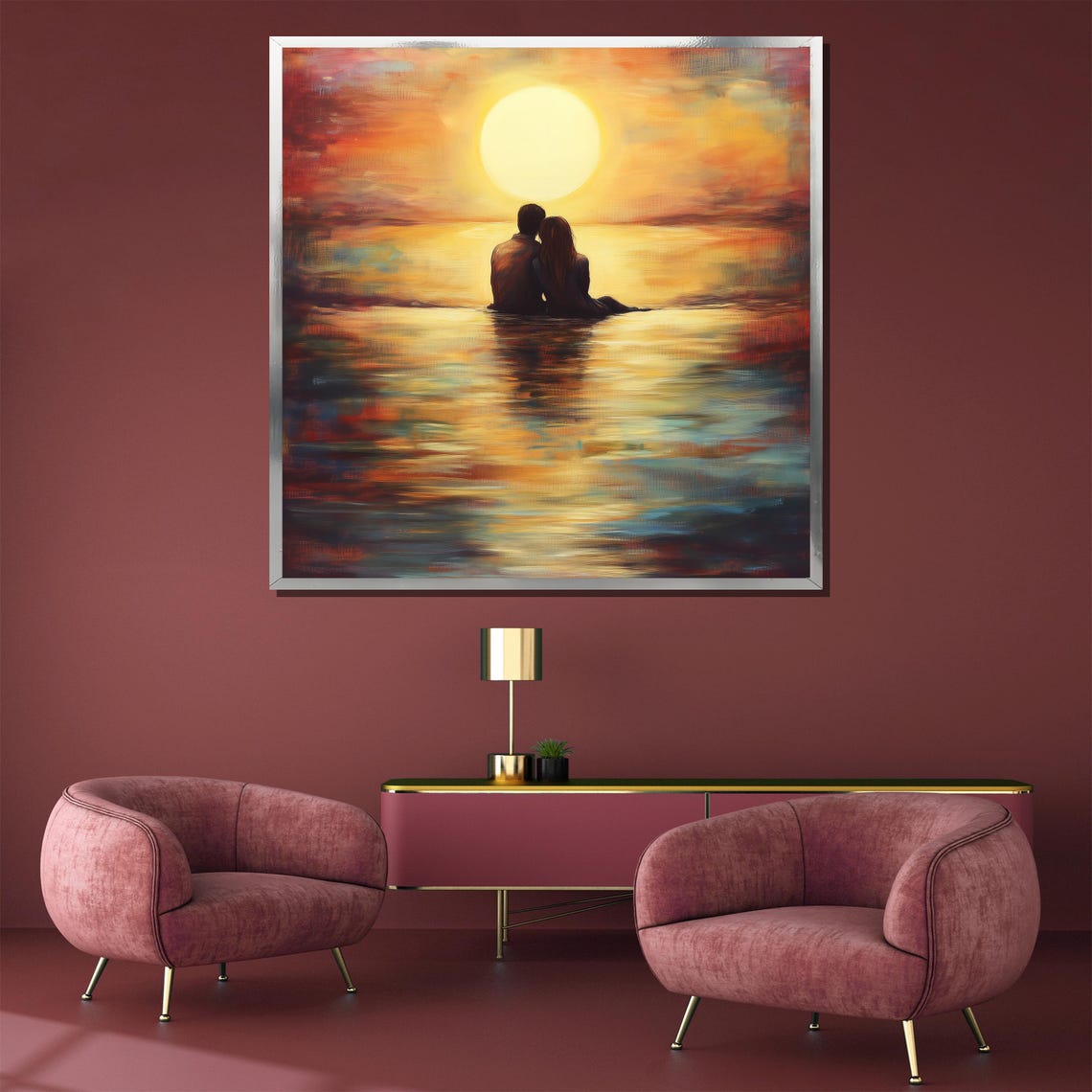 Sunset Beach Couple Seated in Ocean Water Romantic Painting Poster - Image 5