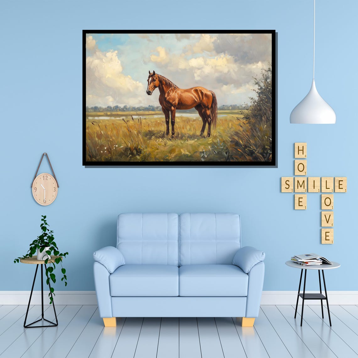 Chestnut Horse Standing In Golden Meadow Cloudy Sky Vintage Poster - Image 4