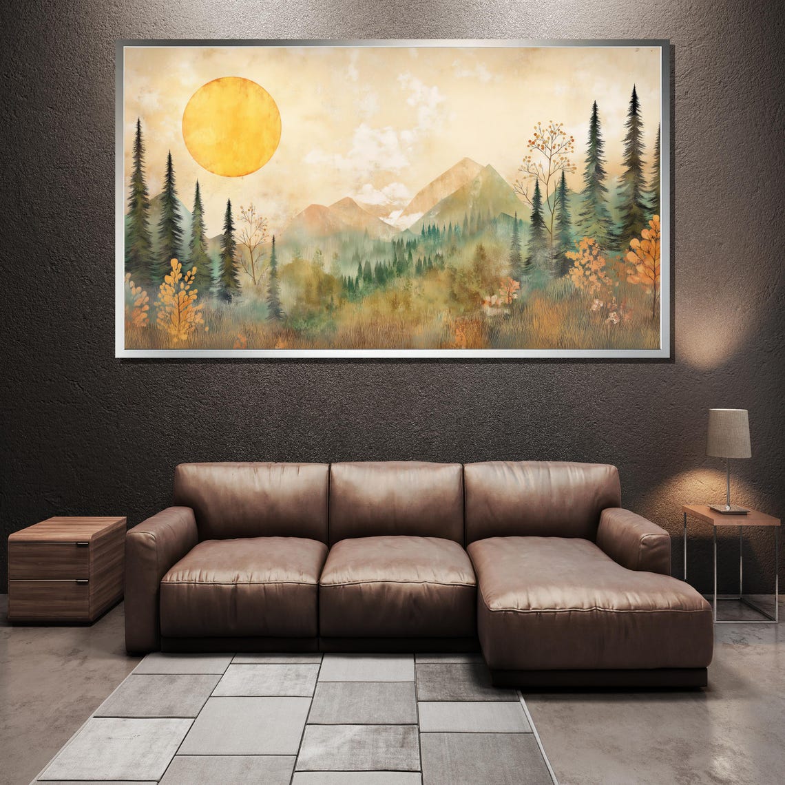 Golden Forest Landscape Painting Nature Mountains Trees Sun Wall Art Rustic Home Decor Gift For Nature Lovers - Image 3