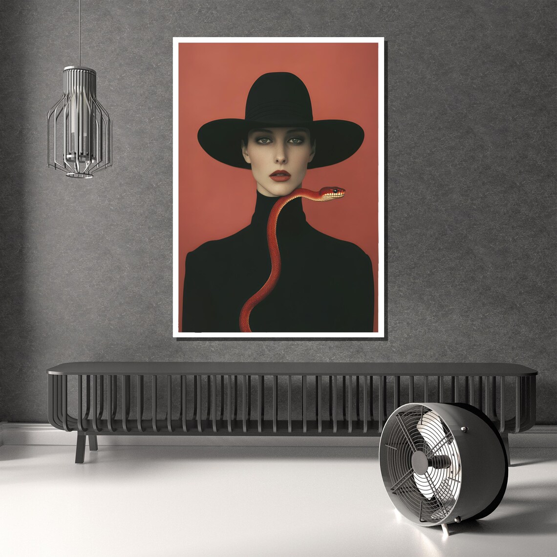 Mysterious Woman In Black Hat With Red Snake Portrait Art Poster - Image 3