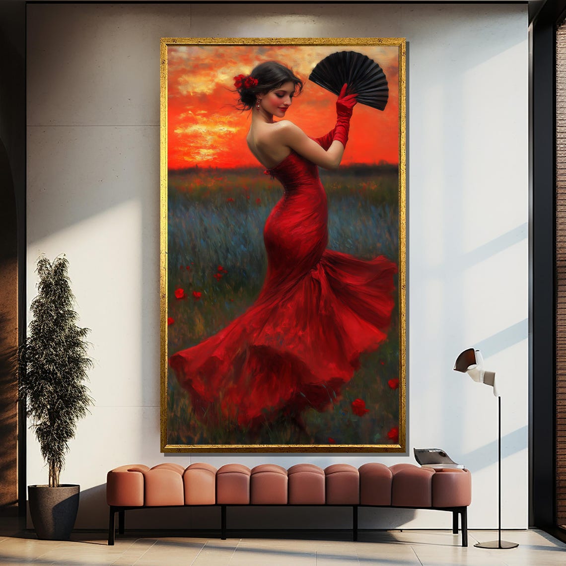 Flamenco Dancer Red Dress Sunset Field Spanish Art Wall Poster