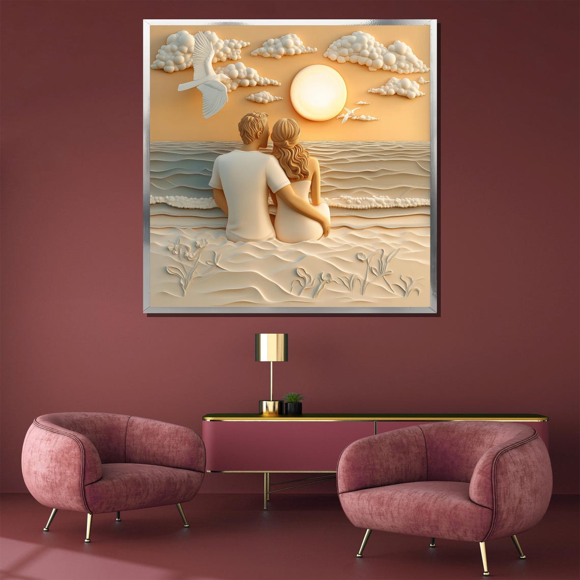 Beach Sunset Romantic Couple Sculpted Relief Waves Clouds Poster - Image 4