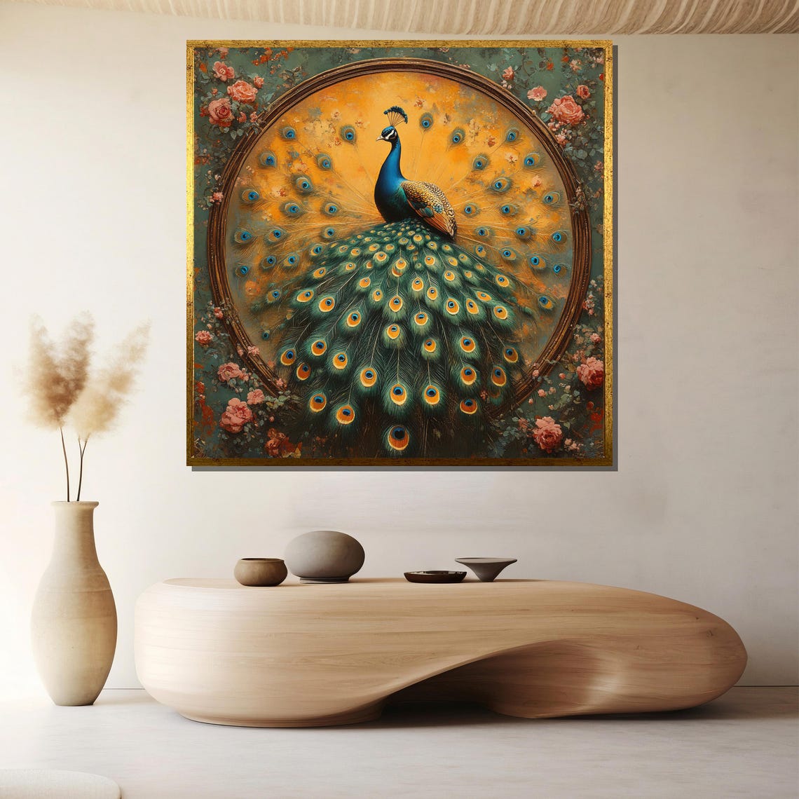 Ornate Peacock Feather Display Gilded Floral Frame Elegant Poster