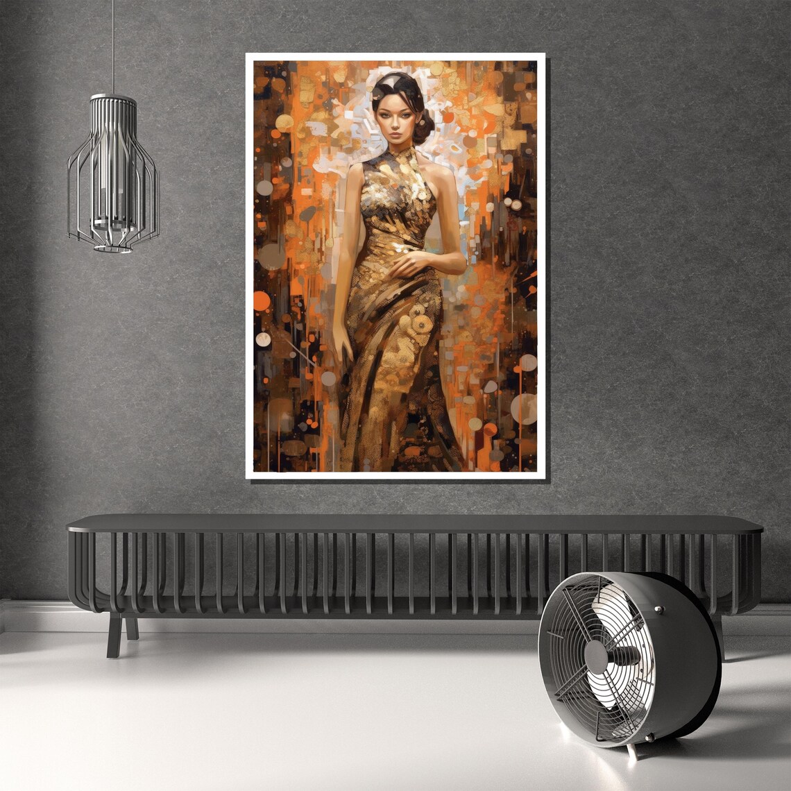Golden Elegance Woman In A Shimmering Gold Gown On Amber Poster - Image 3