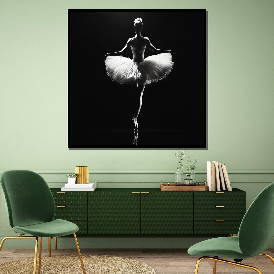 Minimalist Ballerina Silhouette in a White Tutu on Black Poster - Image 4