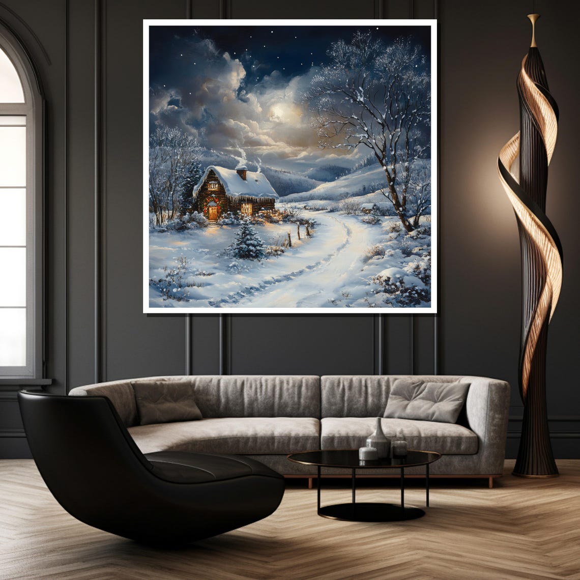 Snowy Cabin Under Moonlight Cozy Winter Night Scene Art Poster - Image 2