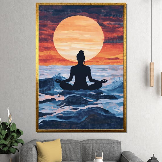 Sunset Meditation Silhouette Painting Peaceful Wall Art And Unique Gift For Yoga Studio Meditation Space Or Relaxing Dcor