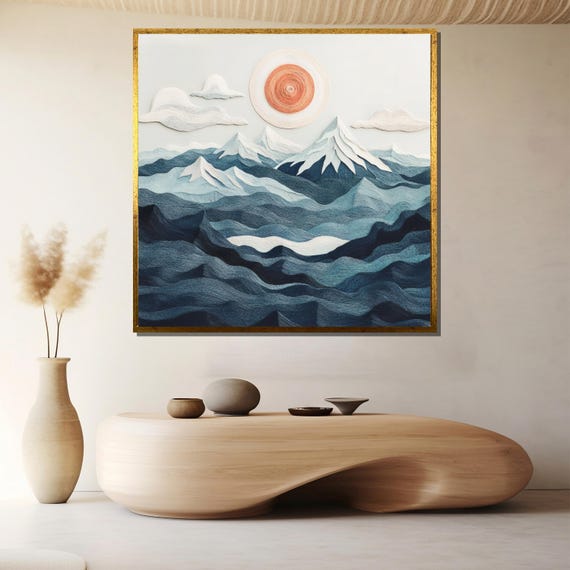 Minimalist Abstract Mountain And Sun Painting Elegant Wall Art Gift For White Room And Modern Nature Decor
