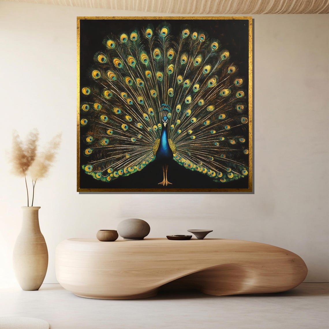 Majestic Peacock Tail Display Dark Background Elegant Poster