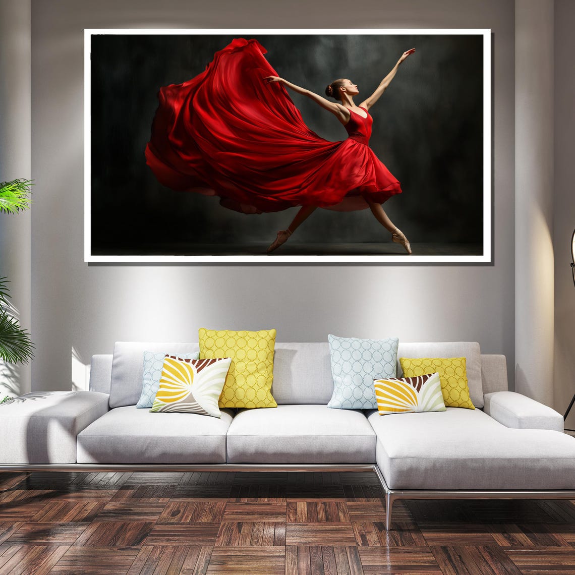 Ballerina in a Flowing Red Dress Dancing in Dark Mood Poster - Image 2