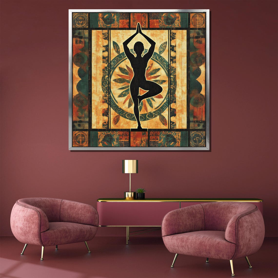 Tree Pose Yoga Silhouette on Warm Ethnic Batik Style Art Poster - Image 3