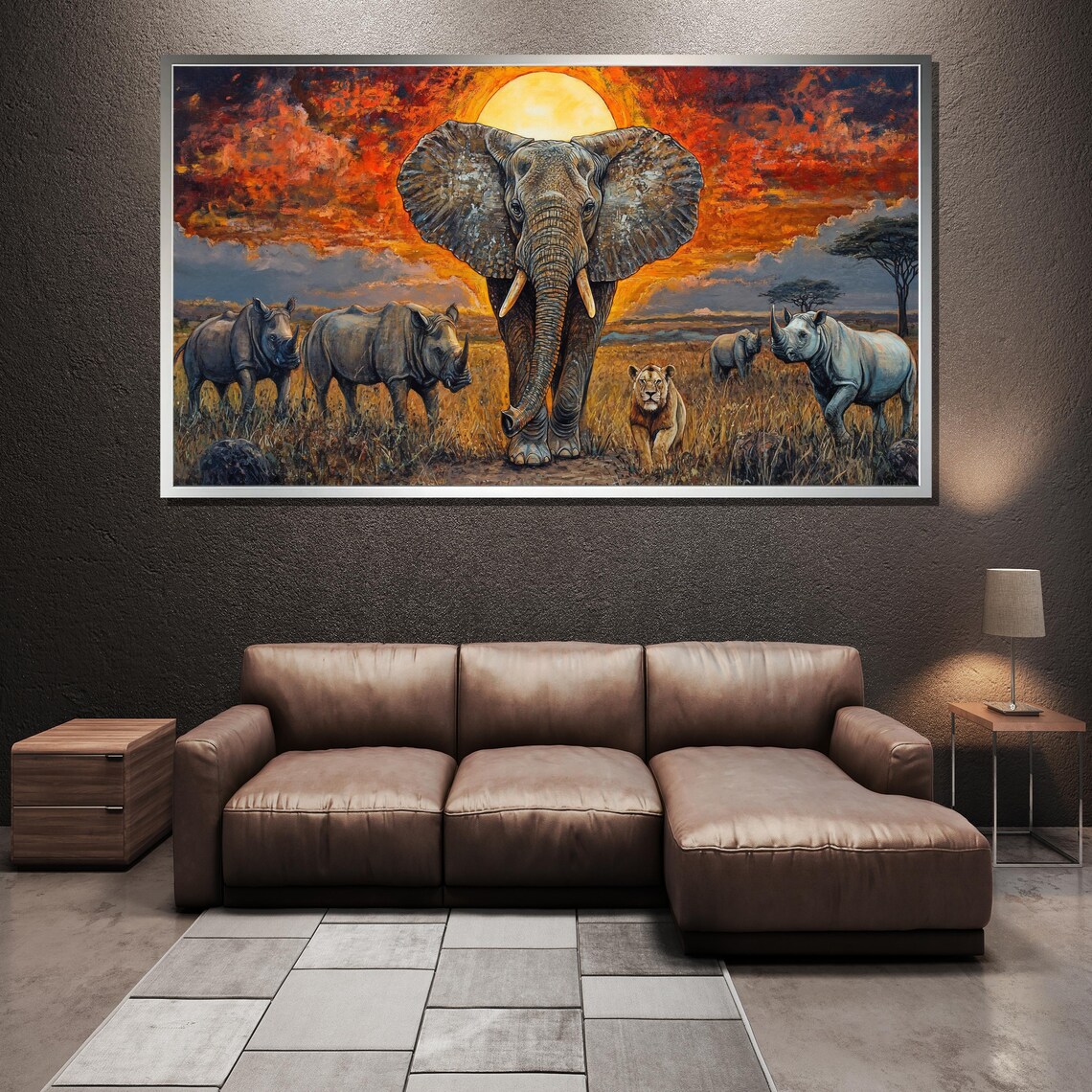 African Safari Sunset Elephant Rhino Lion Golden Framed Wildlife Poster - Image 3