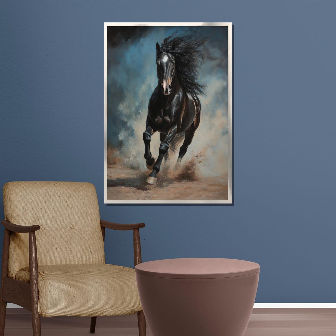 Black Stallion Charging Through Dust Under a Storm Sky Poster - Image 3