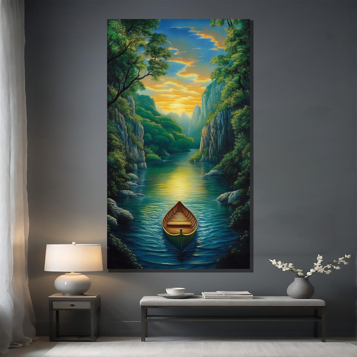 Sunlit River Valley Painting Wooden Boat And Forest Wall Art Vibrant Home Decor Gift Idea - Image 2