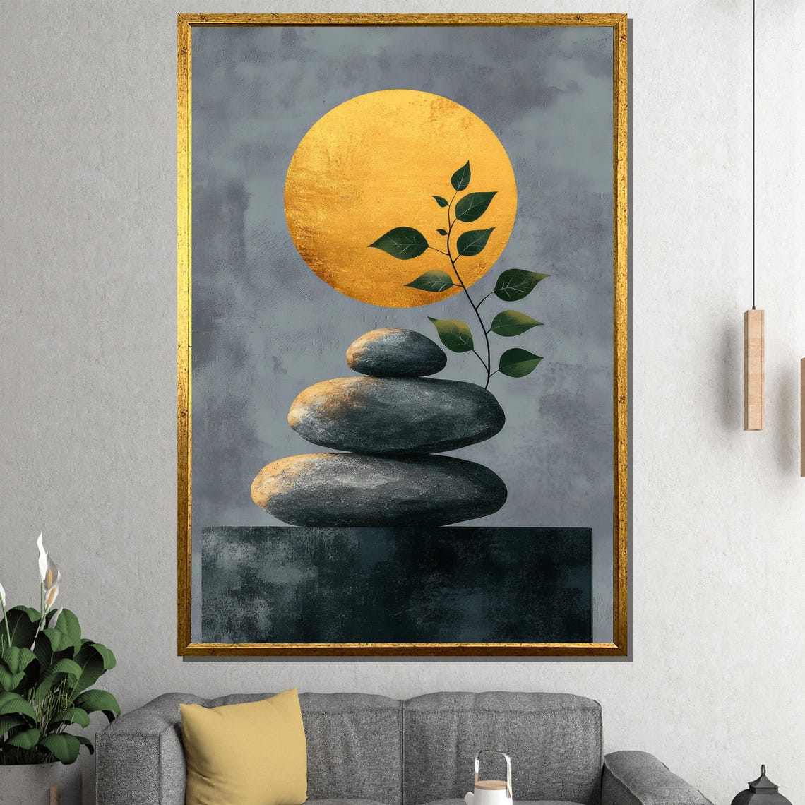 Modern Zen Painting Balancing Stones And Golden Moon Art Gift For Tranquil Home Decor And Meditation Spaces